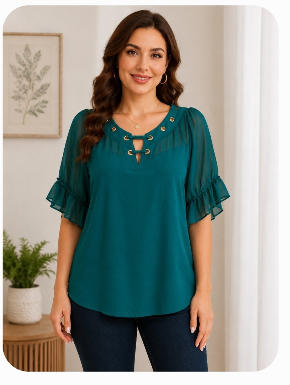 Adele & May Emerald Green Grommet Neck Ruffle Sleeve Blouse XL